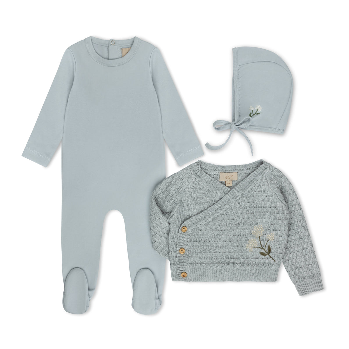 Floral Knit Collection blue footie, bonnet and cardigan