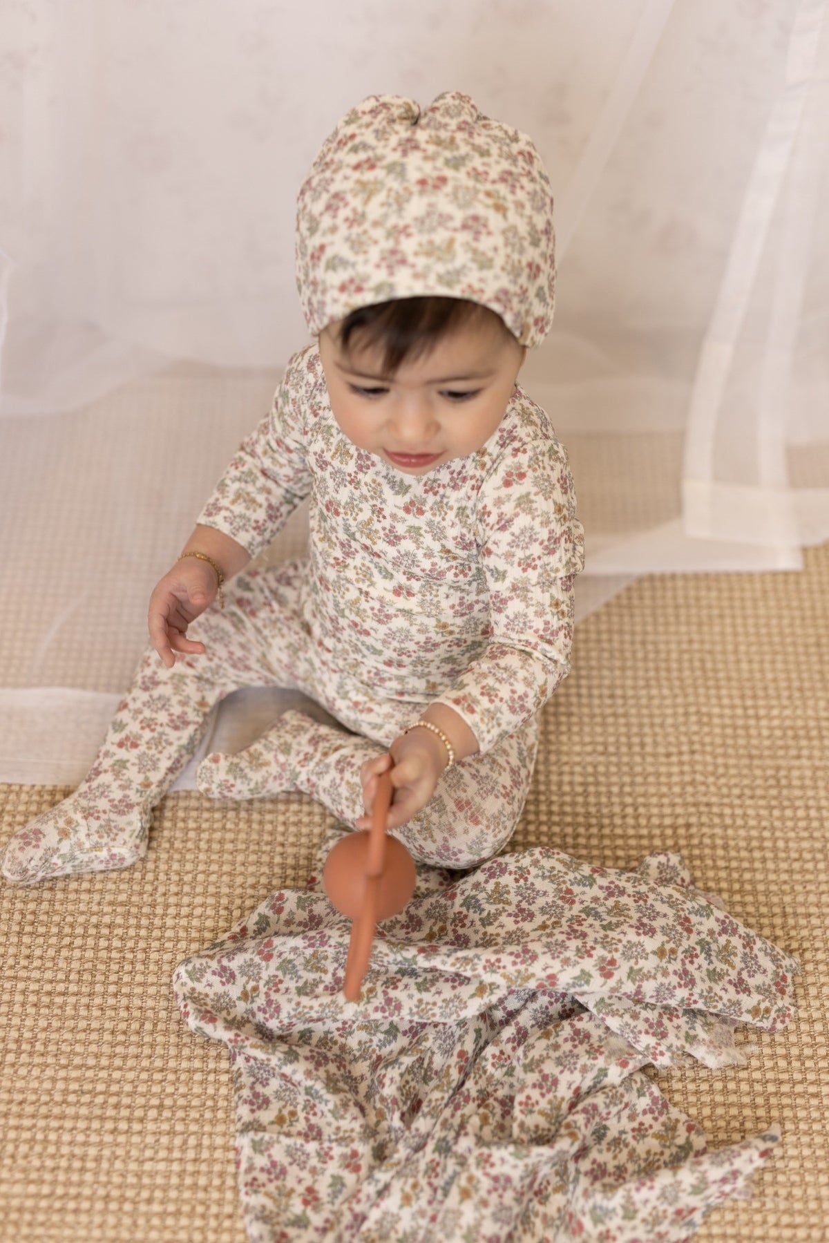 Liberty floral print baby footie in fine cotton-spandex by Tricot Bebe