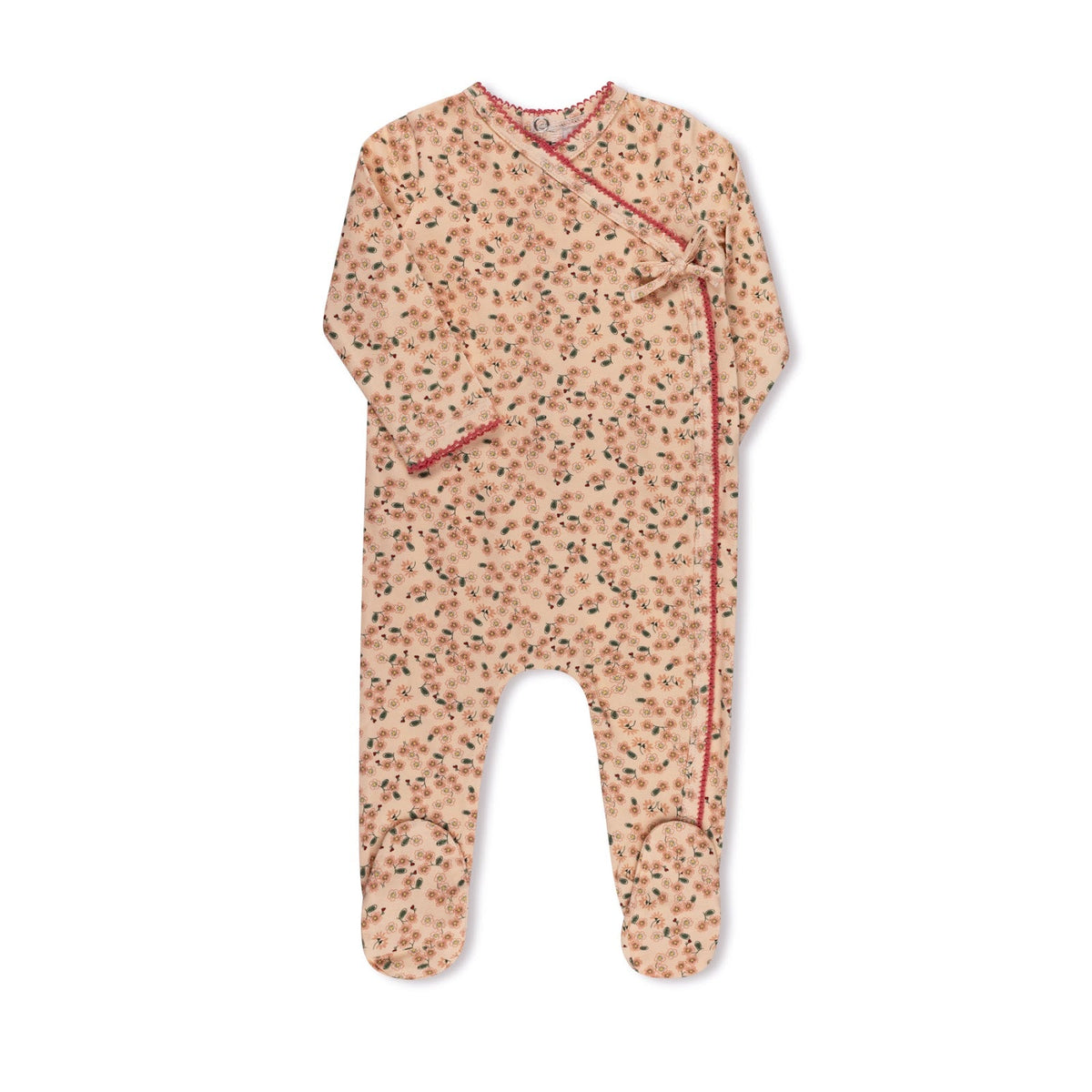 Pink floral faux wrap velour baby footie, detail view, by Tricot Bebe