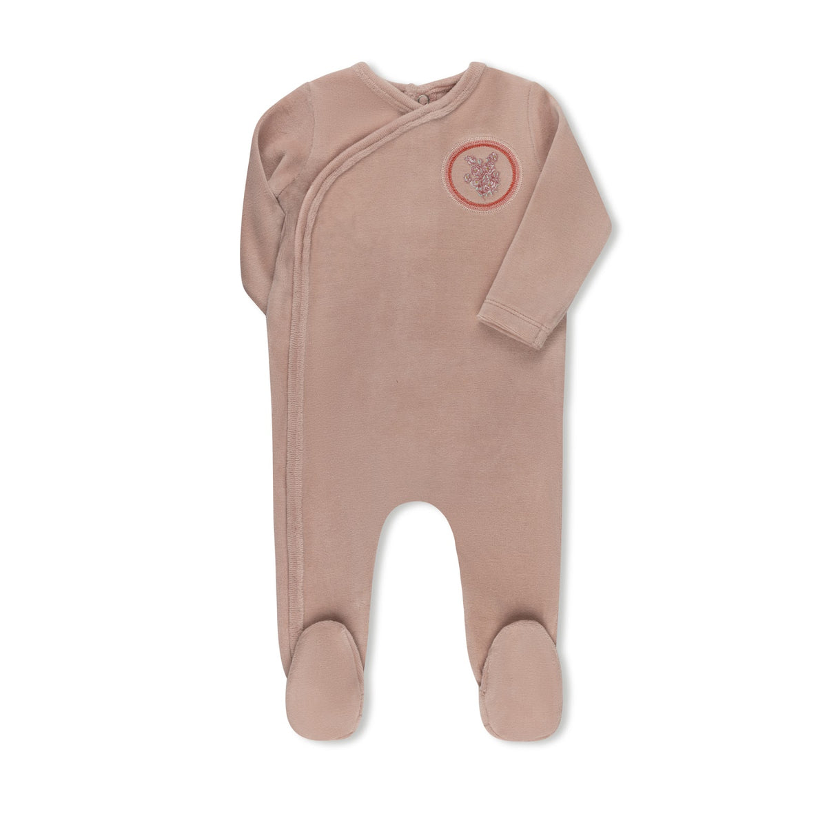 Pink embroidered crest velour wrap baby footie without hat by Tricot Bebe