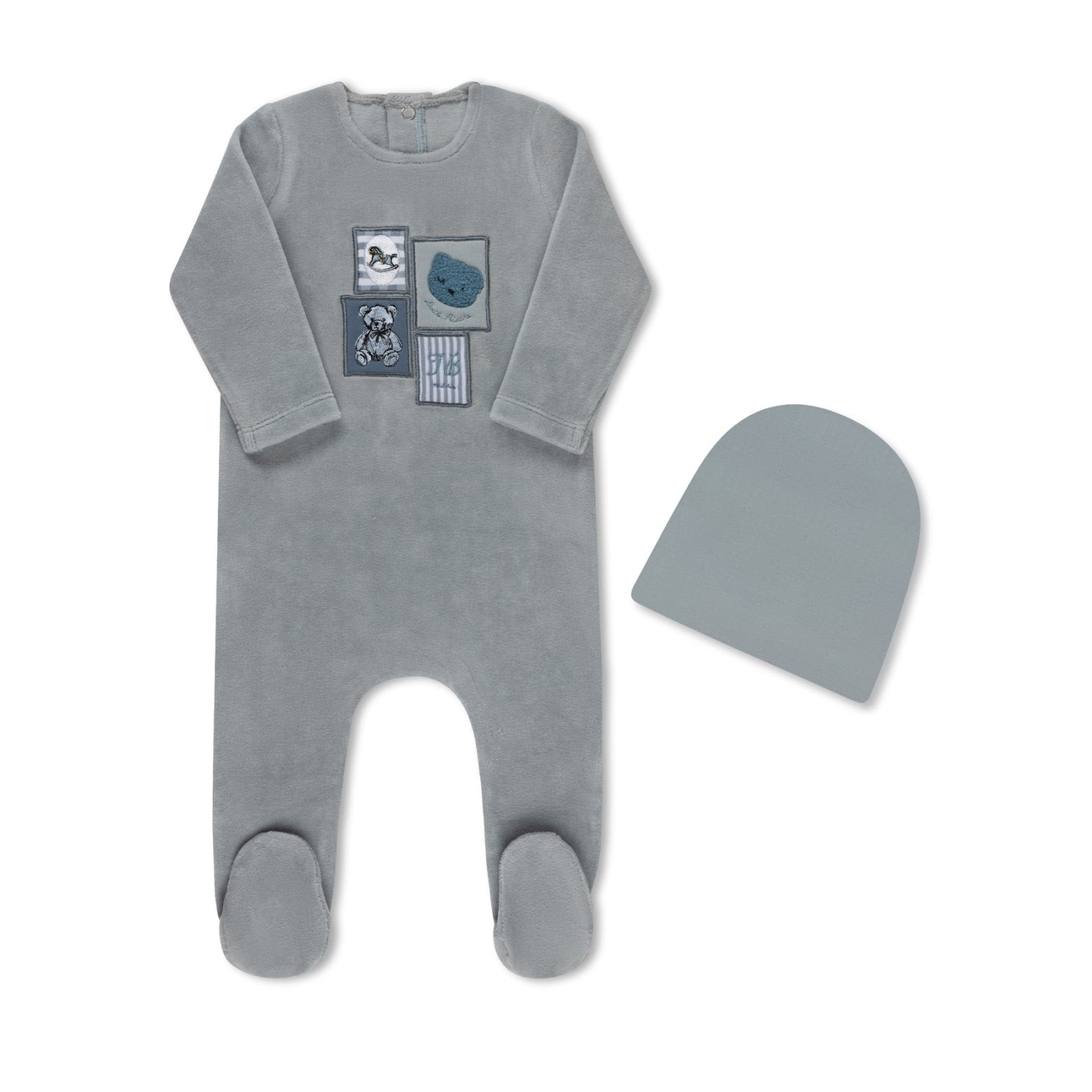 Blue Wall Art print velour baby footie with matching hat by Tricot Bebe