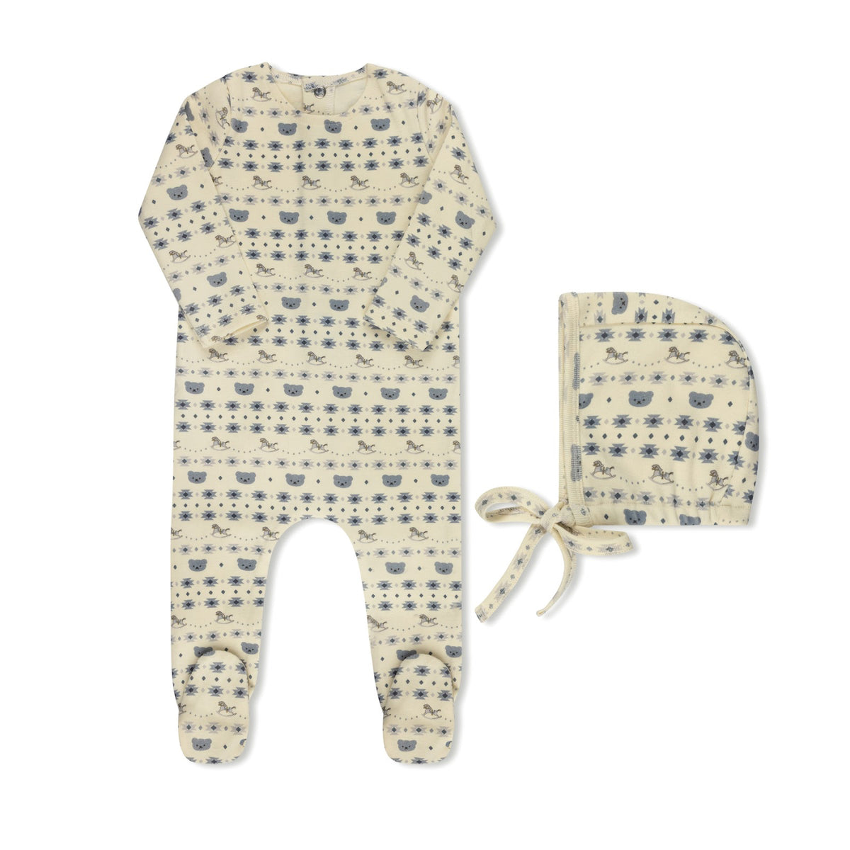 Boys Fairisle print baby footie with matching hat by Tricot Bebe