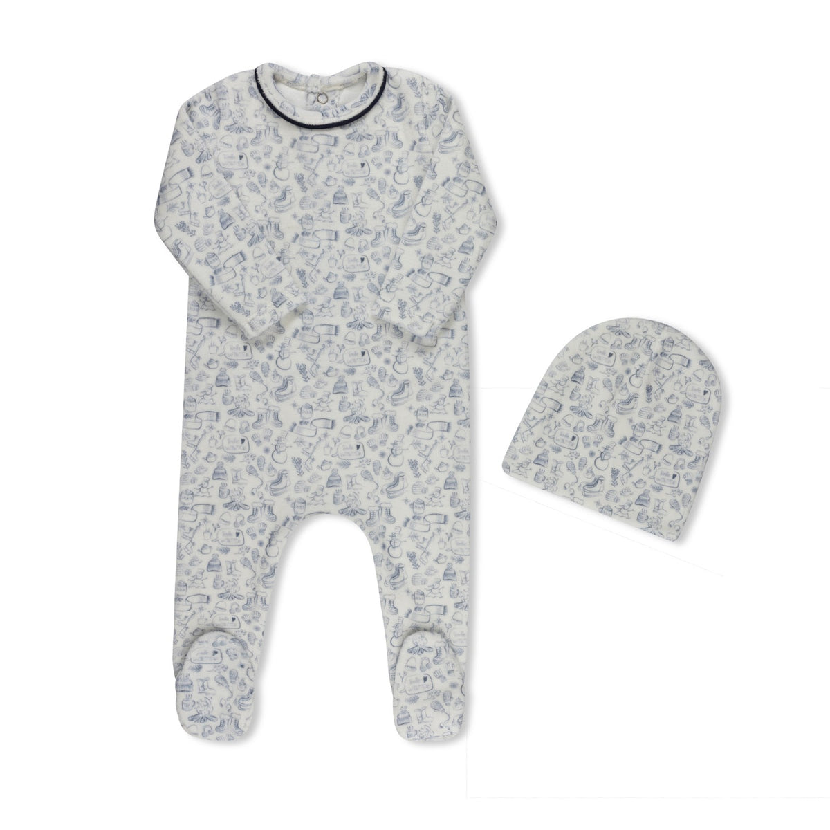Blue winter print velour baby footie with matching hat by Tricot Bebe