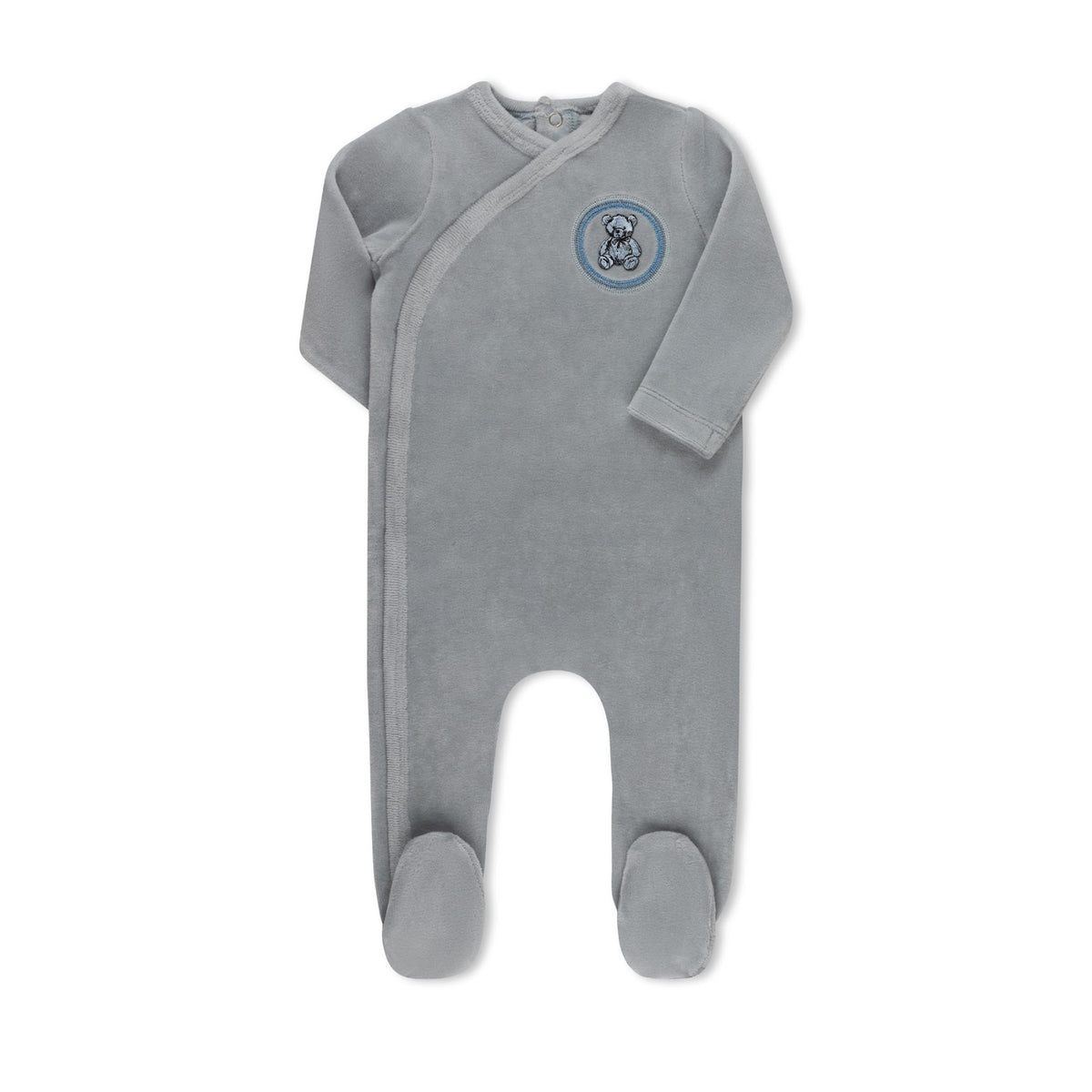 Blue embroidered crest velour wrap baby footie without hat by Tricot Bebe