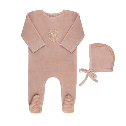 Crochet Applique Velour Footie and Bonnet