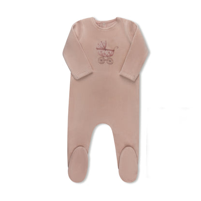 Watercolor Carriage Velour pink baby footie detail