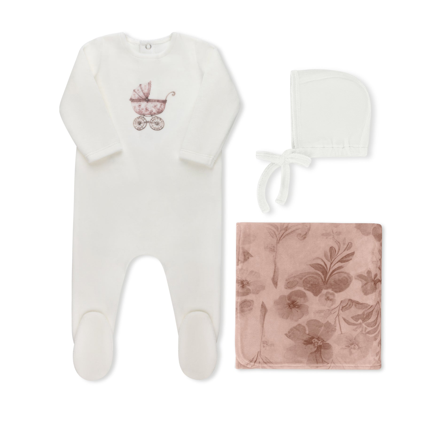Watercolor Carriage Velour ivory and pink layette full set