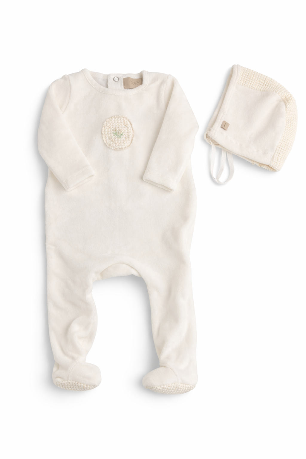 Crochet Applique Velour Footie and Bonnet