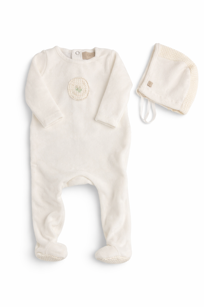 Crochet Applique Velour Footie and Bonnet