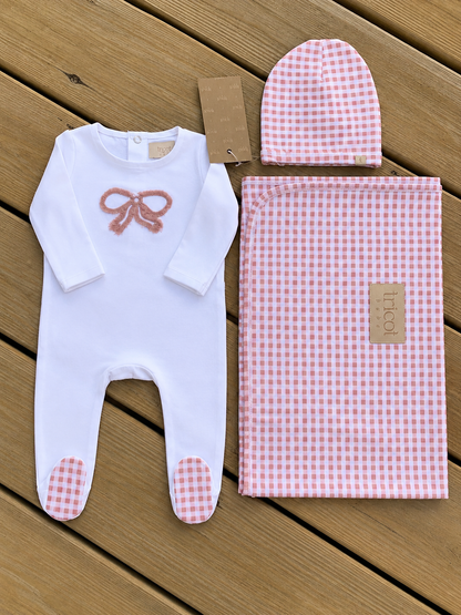 Checked fringe baby layette set with footie and bonnet by Tricot Bebe