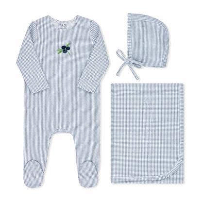 Cherry and blueberry checked baby layette set in cotton-spandex