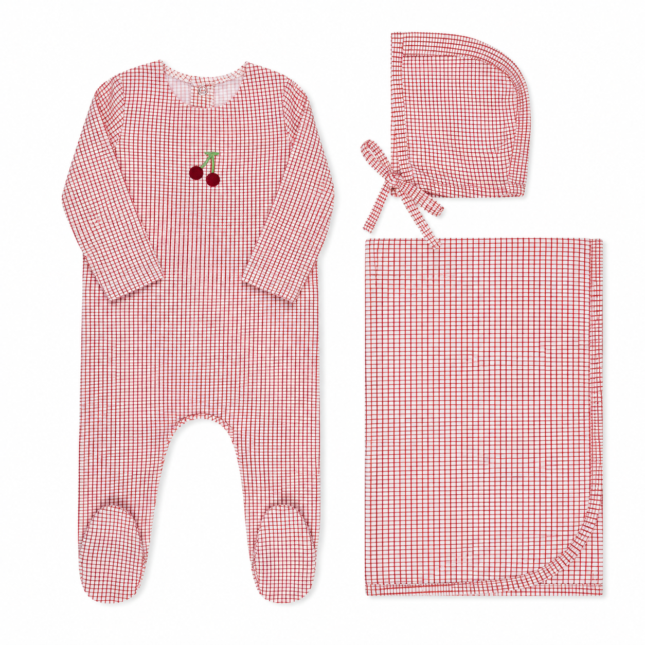 Cherry and blueberry checked baby layette set in cotton-spandex