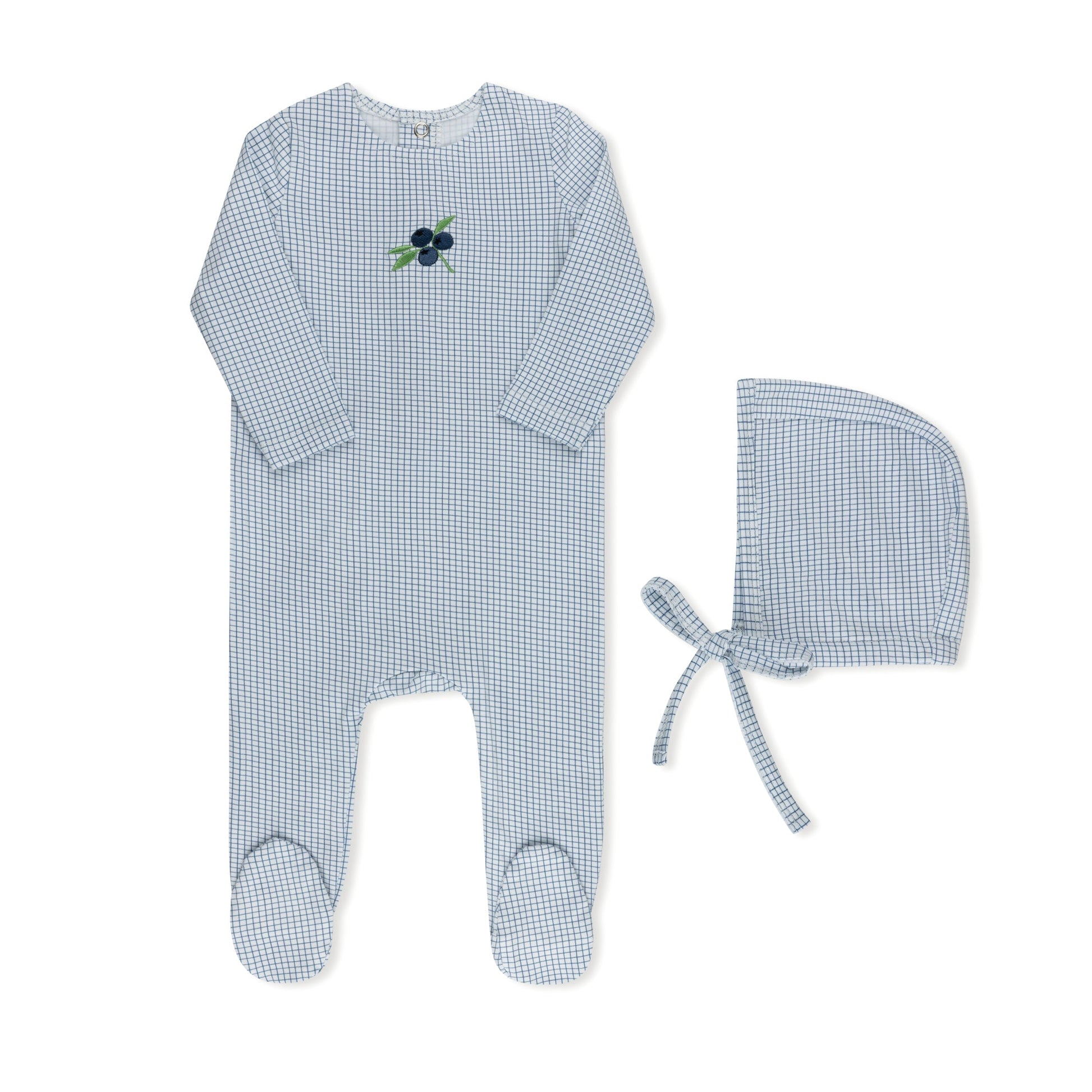 Cherry and blueberry print checked baby footie in cotton-spandex with hat