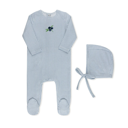 Cherry and blueberry print checked baby footie in cotton-spandex with hat
