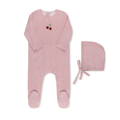 Cherry and blueberry print checked baby footie in cotton-spandex with hat