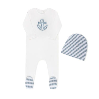Checked fringe baby layette set with footie and bonnet by Tricot Bebe