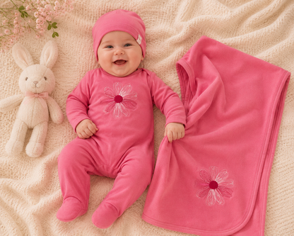 Embroidered newborn layette gift set with footie and bonnet, Tricot Bebe