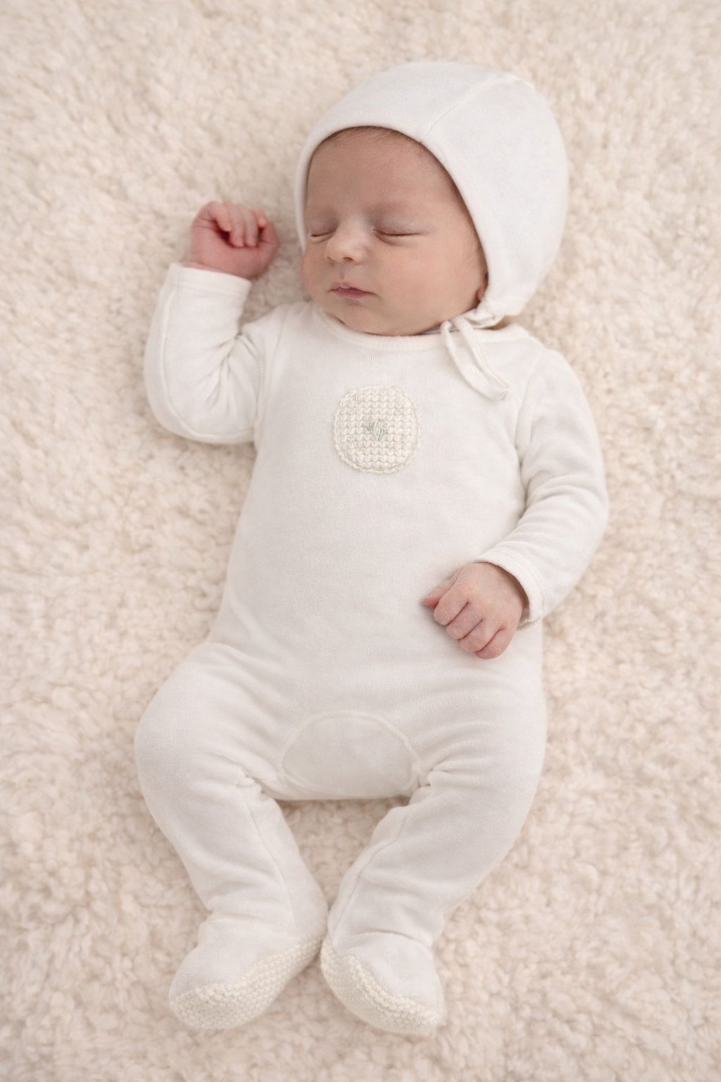 Crochet Applique Velour Footie and Bonnet