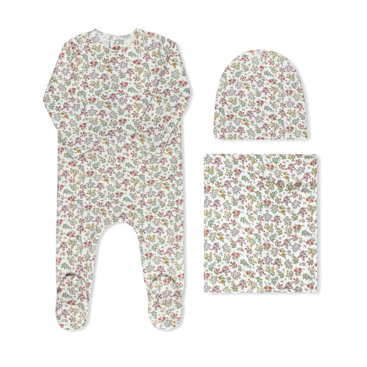 Liberty floral print baby footie in fine cotton-spandex by Tricot Bebe