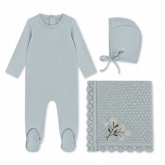 Blue floral knit bundle with footie, bonnet, blanket