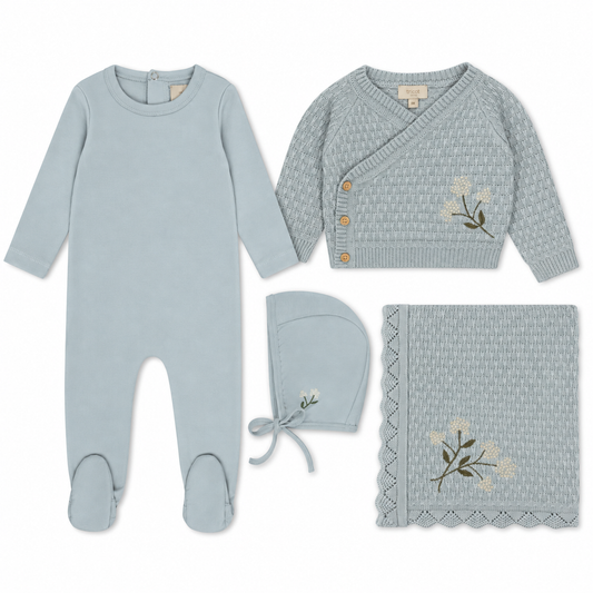 Blue floral knit bundle with footie, bonnet, blanket and cardigan