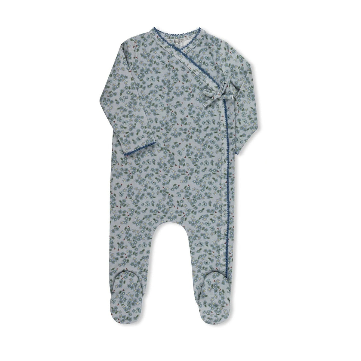 Blue floral faux wrap velour baby footie without hat by Tricot Bebe