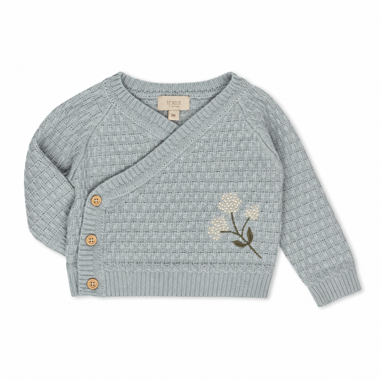 Blue-grey floral embroidered knit cardigan only — Tricot Bebe