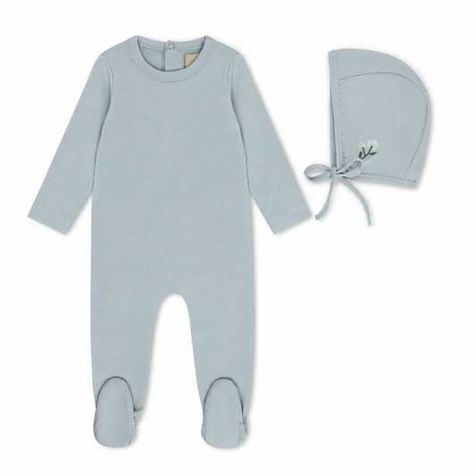 Blue-grey footie and floral embroidered bonnet only — Tricot Bebe