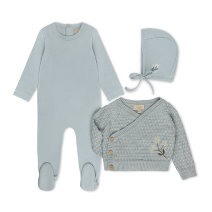 Floral Knit Collection blue footie, bonnet and cardigan
