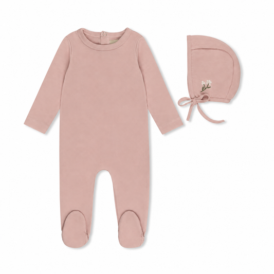Floral Knit Collection pink footie and matching floral embroidered bonnet