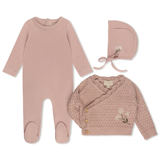 Floral Knit Collection pink footie, bonnet and cardigan