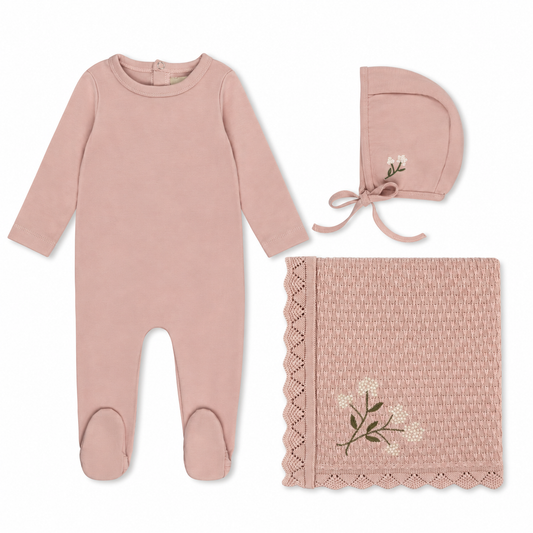 Pink floral knit bundle with footie, bonnet, blanket