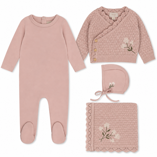 Pink floral knit bundle with footie, bonnet, blanket and cardigan