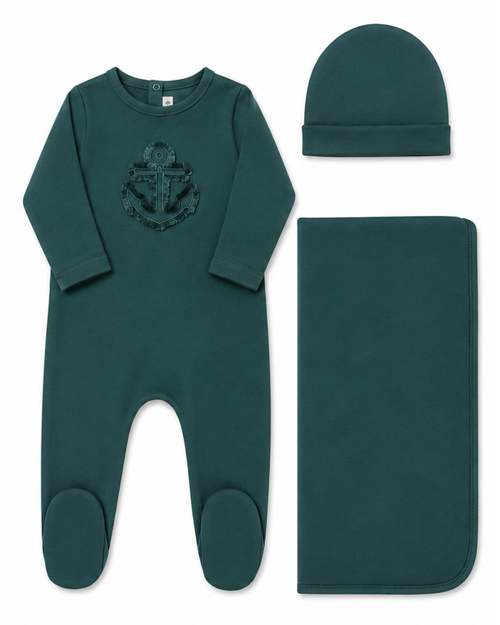 Baby footie with fringe trim detail in soft cotton-spandex by Tricot Bebe