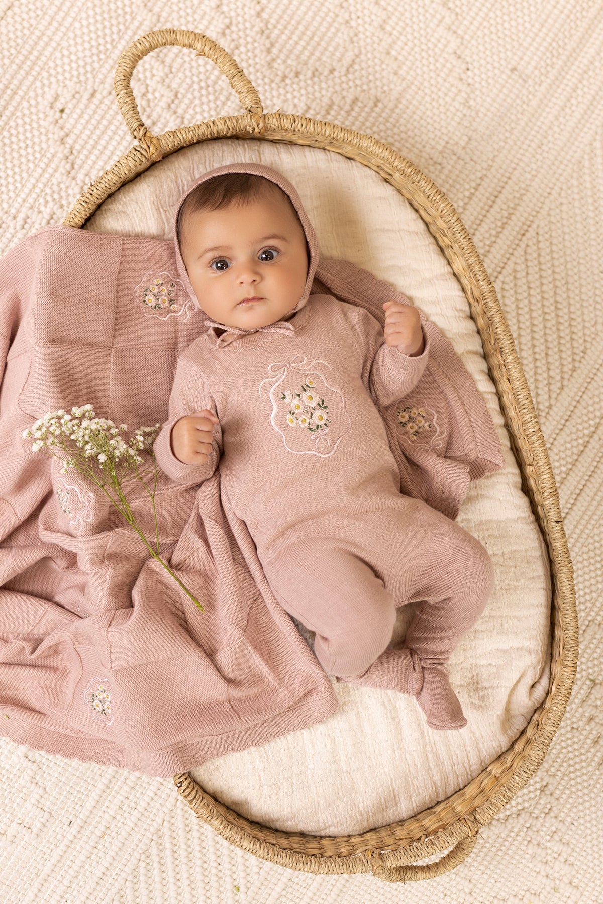 Pink jacquard knit footie and bonnet - Full Set