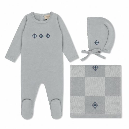 Blue jacquard knit bundle with footie, bonnet, blanket