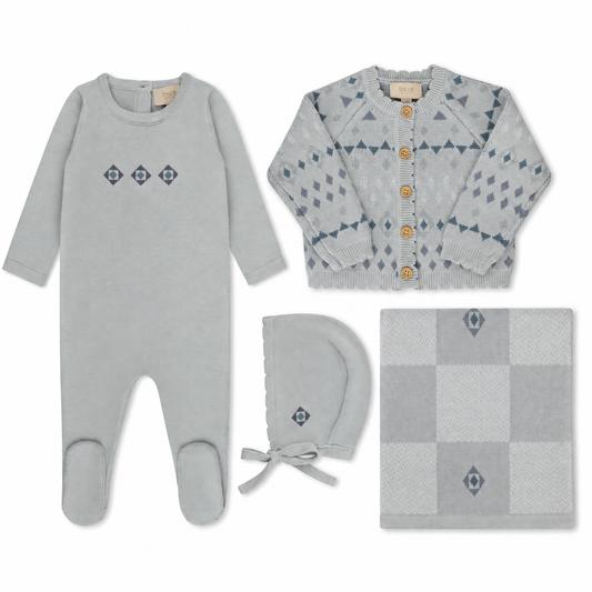 Blue jacquard knit bundle with footie, bonnet, blanket and cardigan
