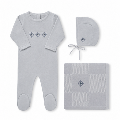 Jacquard Knit Blue - Full Set — footie, bonnet and blanket; illustrative image