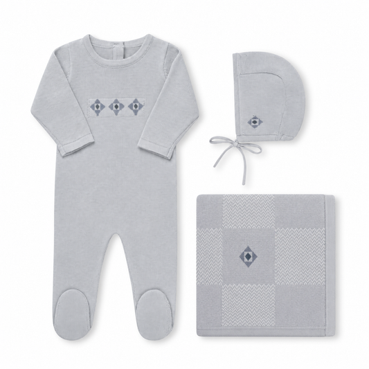 Jacquard Knit Blue - Full Set — footie, bonnet and blanket; illustrative image