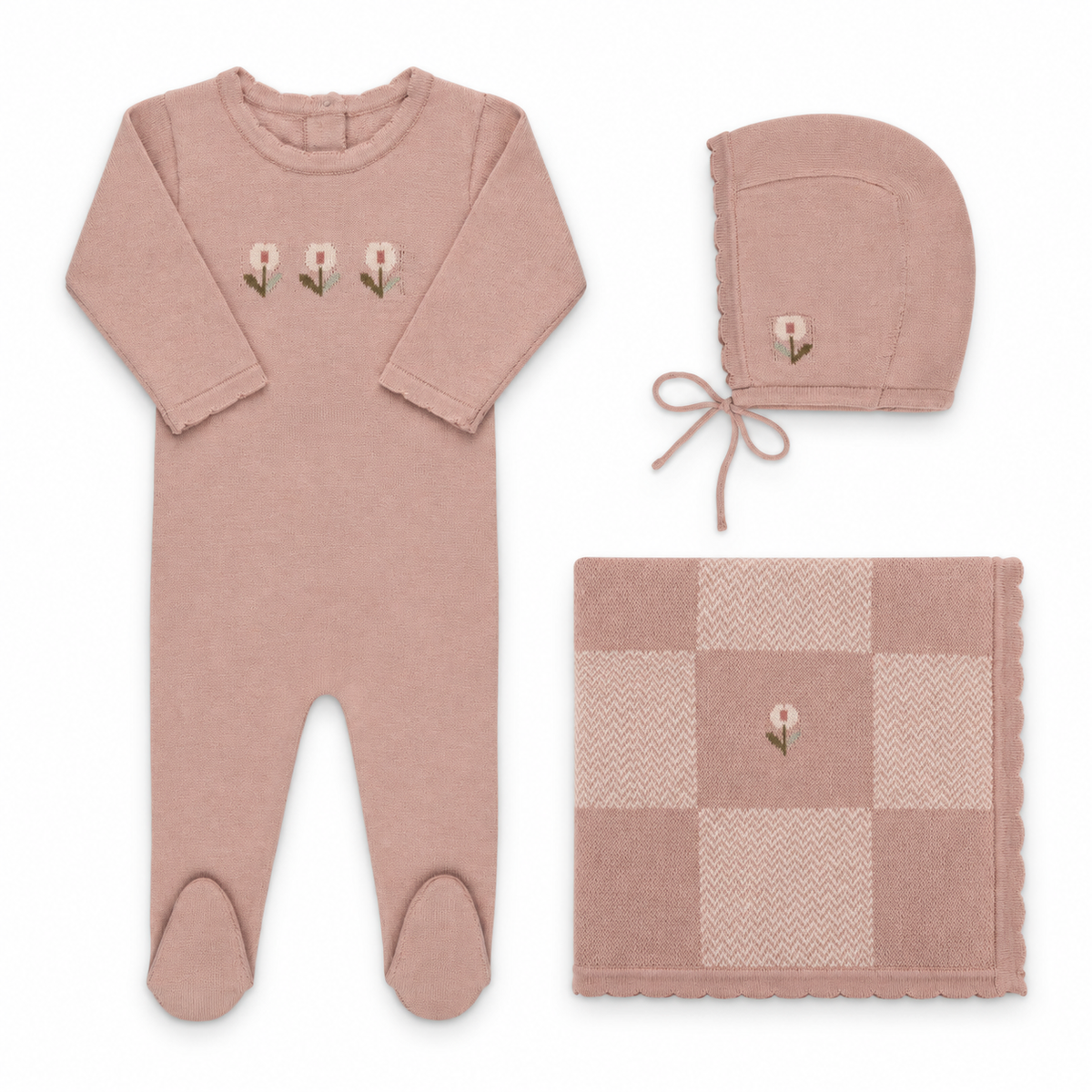 Jacquard Knit Pink - Full Set — footie, bonnet and blanket; illustrative image