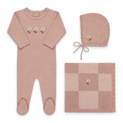 Jacquard Knit Pink - Full Set — footie, bonnet and blanket; illustrative image