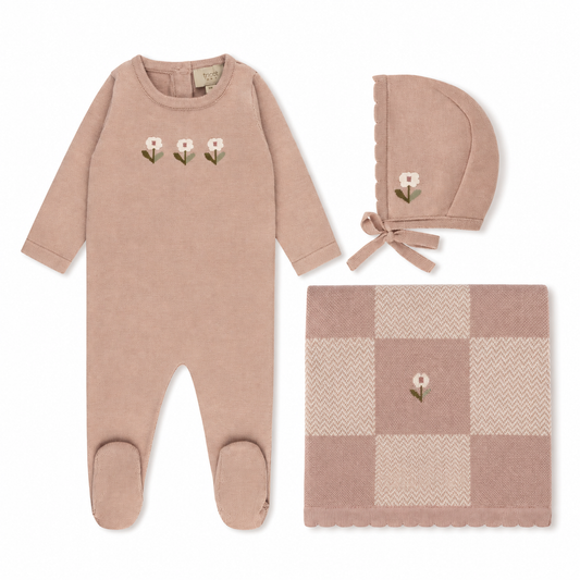 Pink jacquard knit bundle with footie, bonnet, blanket