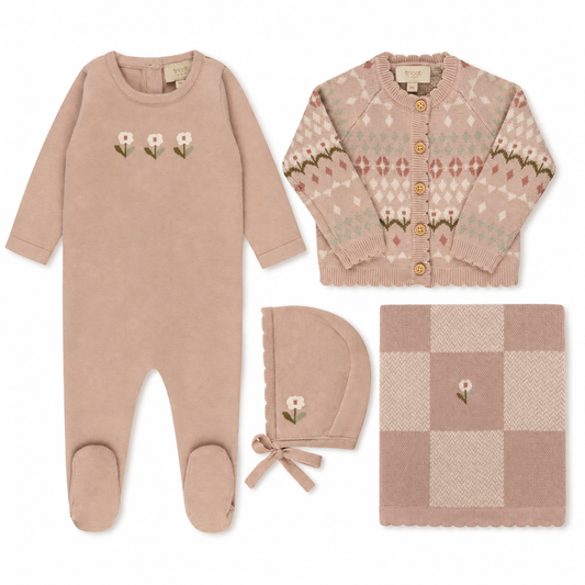 Pink jacquard knit bundle with footie, bonnet, blanket and cardigan