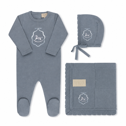 blue Knit Embroidered Collection footie, bonnet and blanket full set — Tricot Bebe