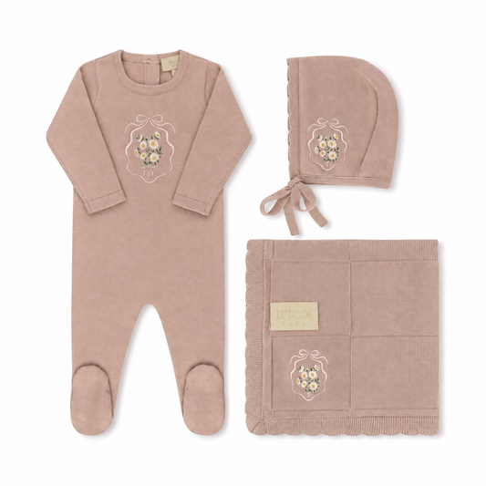 pink Knit Embroidered Collection footie, bonnet and blanket full set — Tricot Bebe