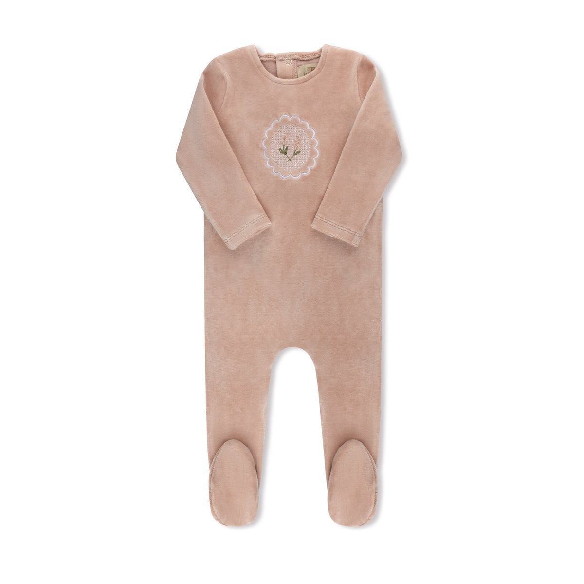 Scalloped Embroidered Crest pink baby footie without hat — TB by Tricot