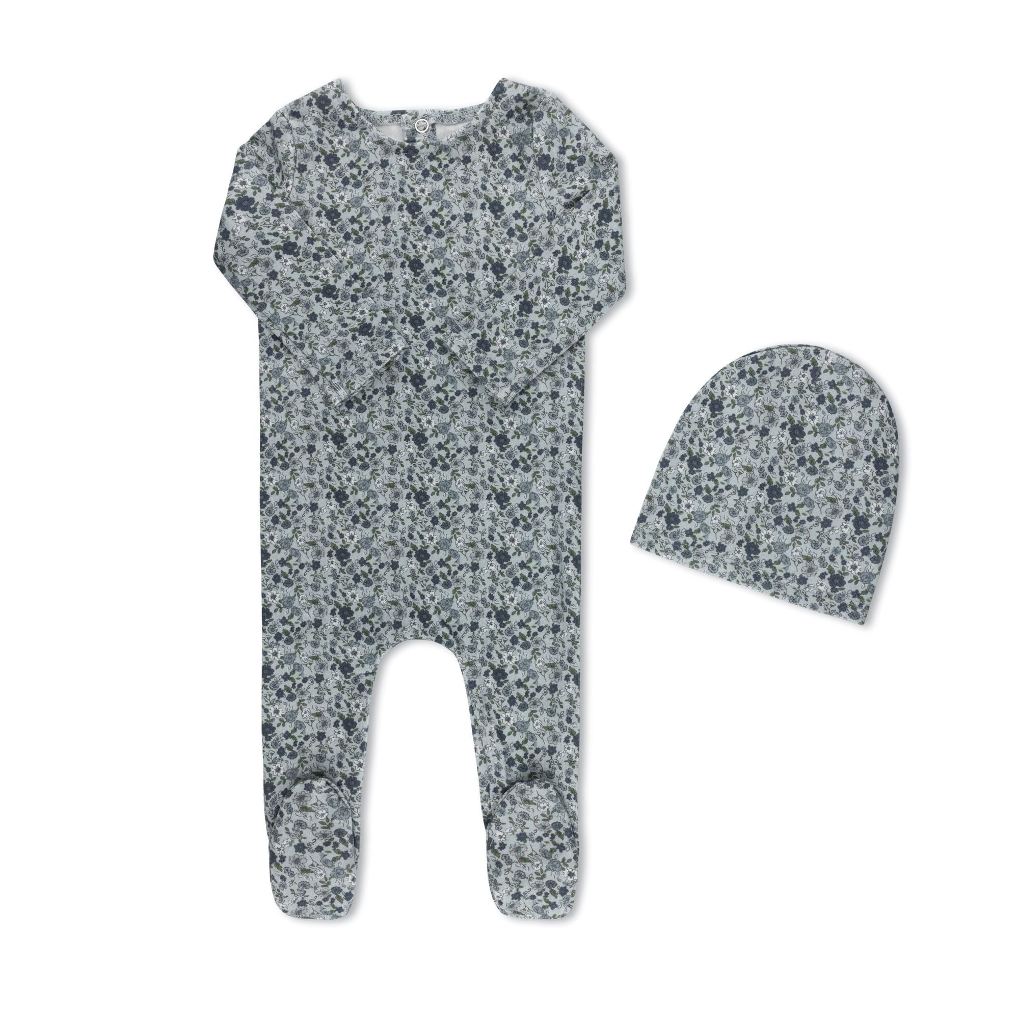 Floral pink baby footie with matching hat — TB by Tricot