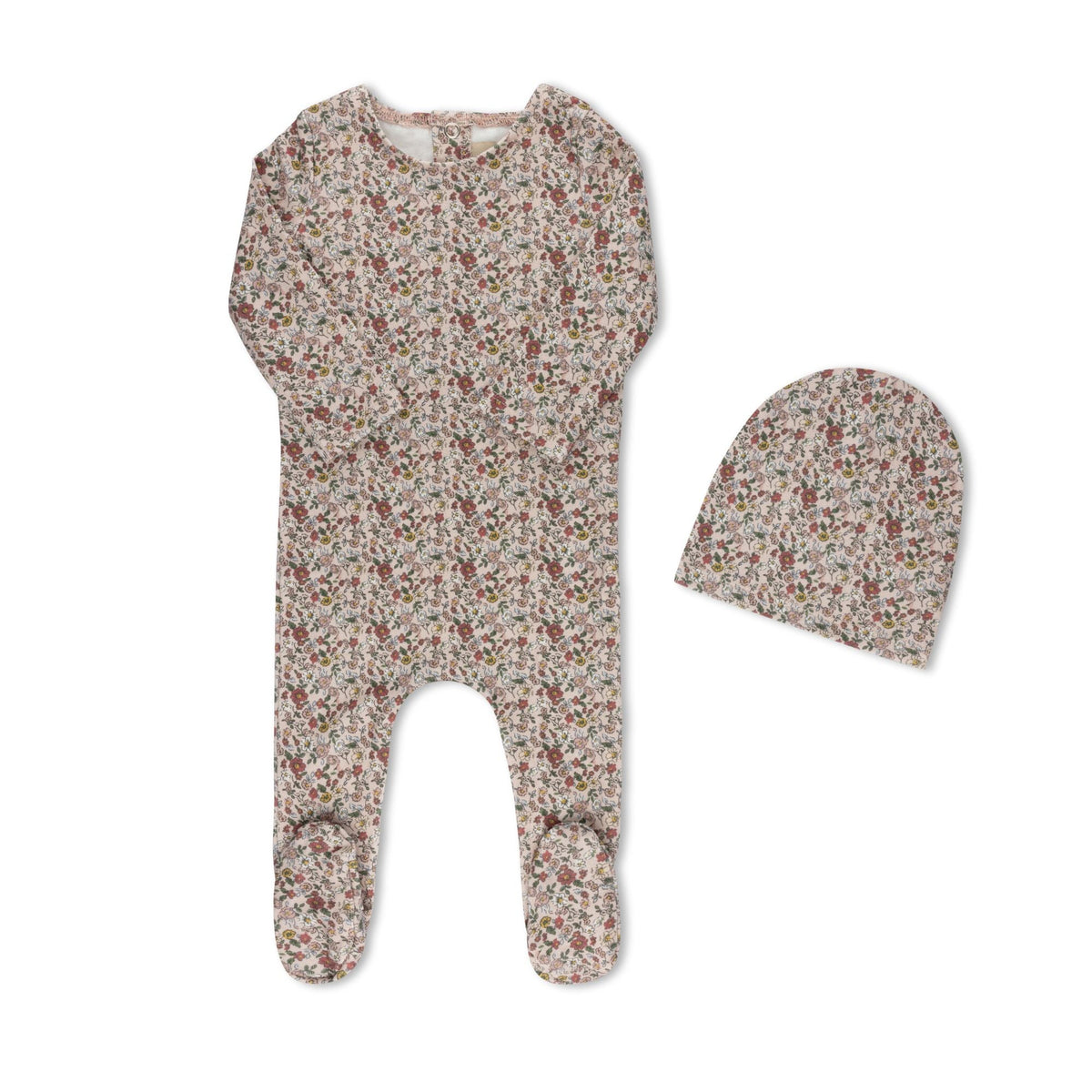 Floral pink baby footie with matching hat — TB by Tricot