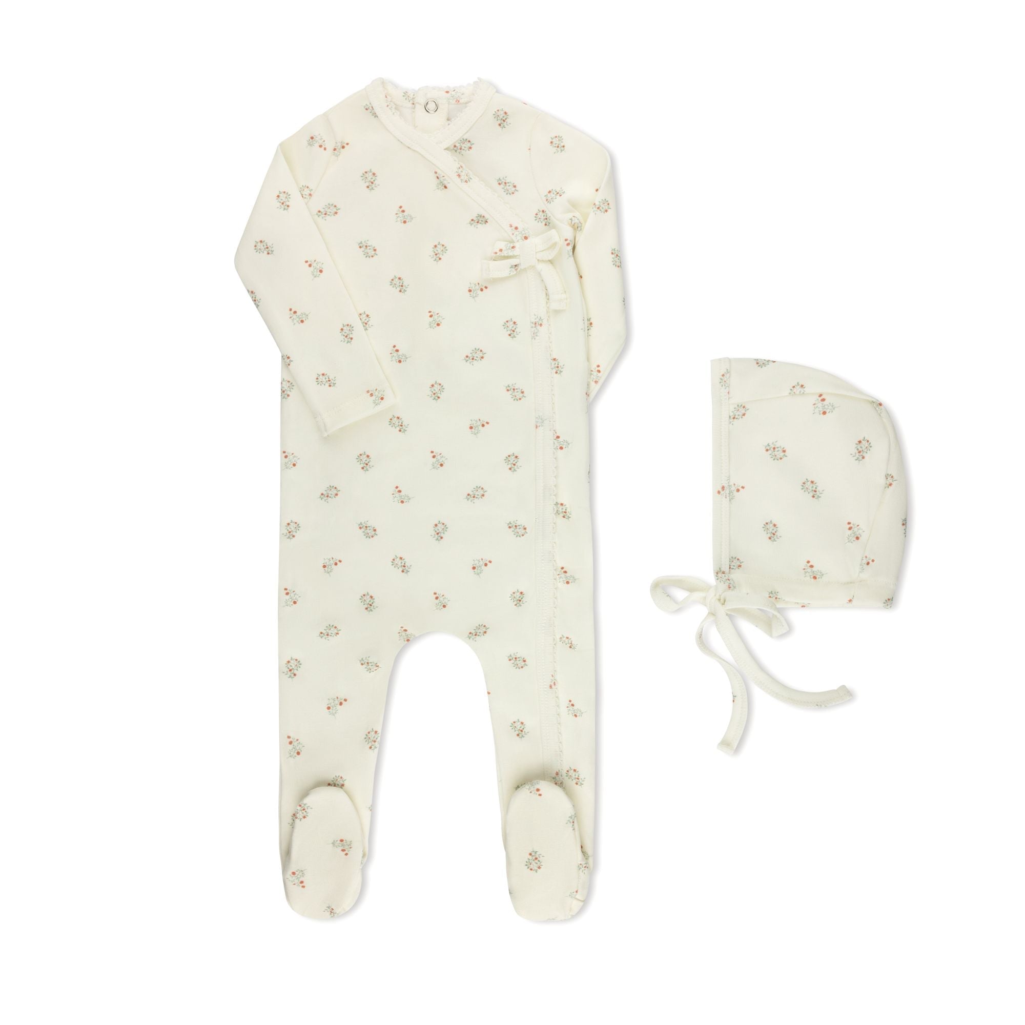 Scattered Floral pink baby footie with matching hat — TB by Tricot