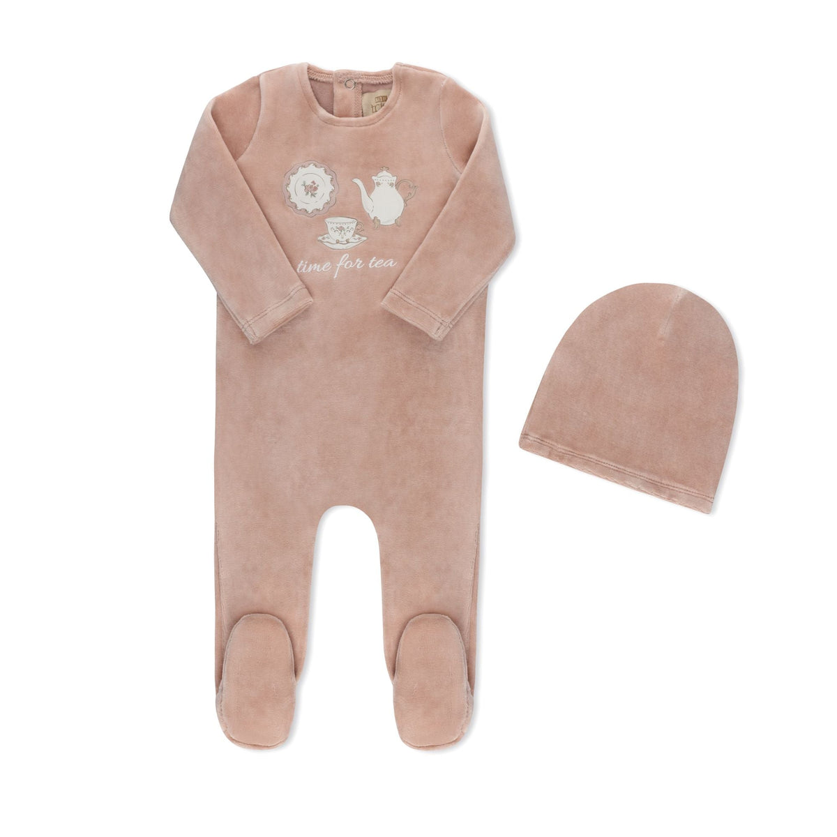 Time for Tea pink baby footie with matching hat — TB by Tricot